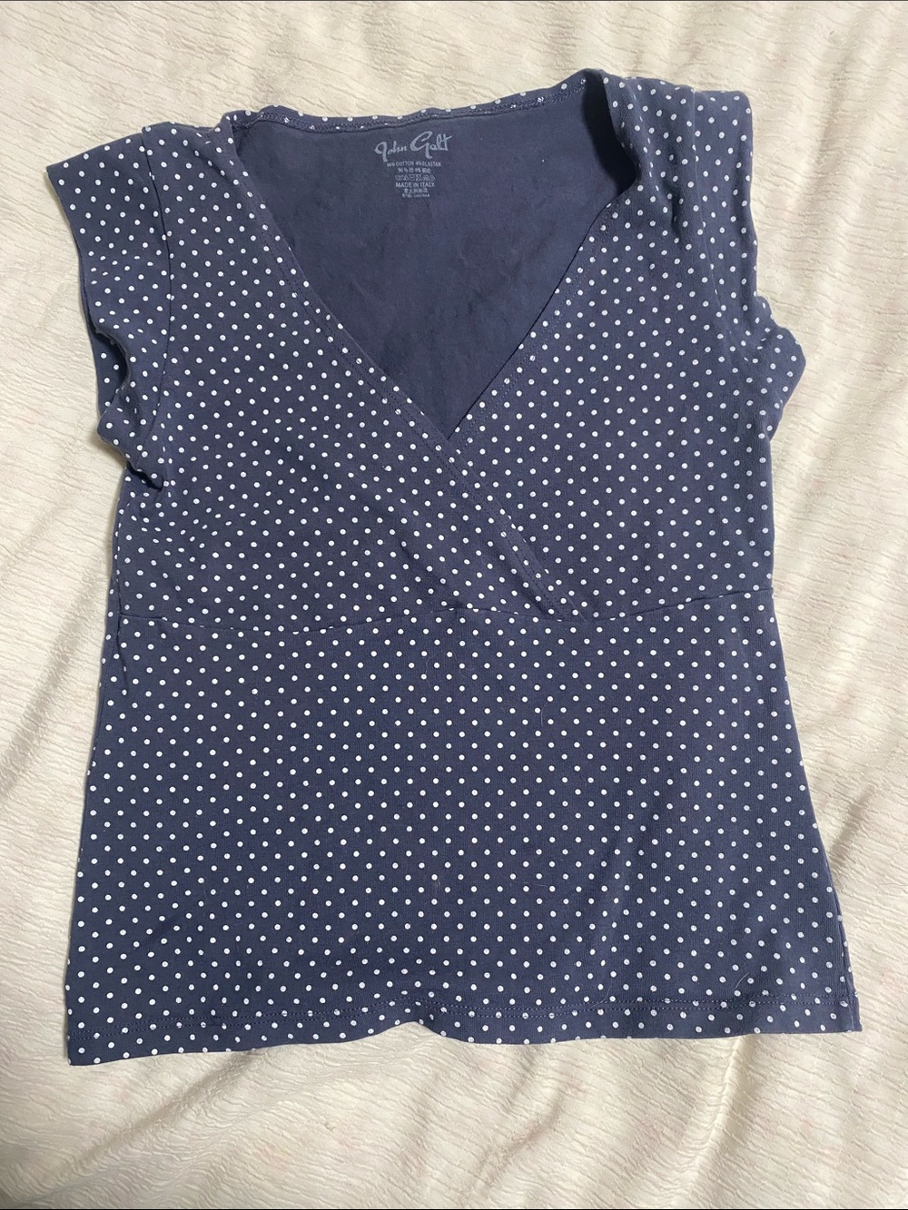 Brandy Melville Navy with White Polka Dot V-Neck Short Sleeve Top